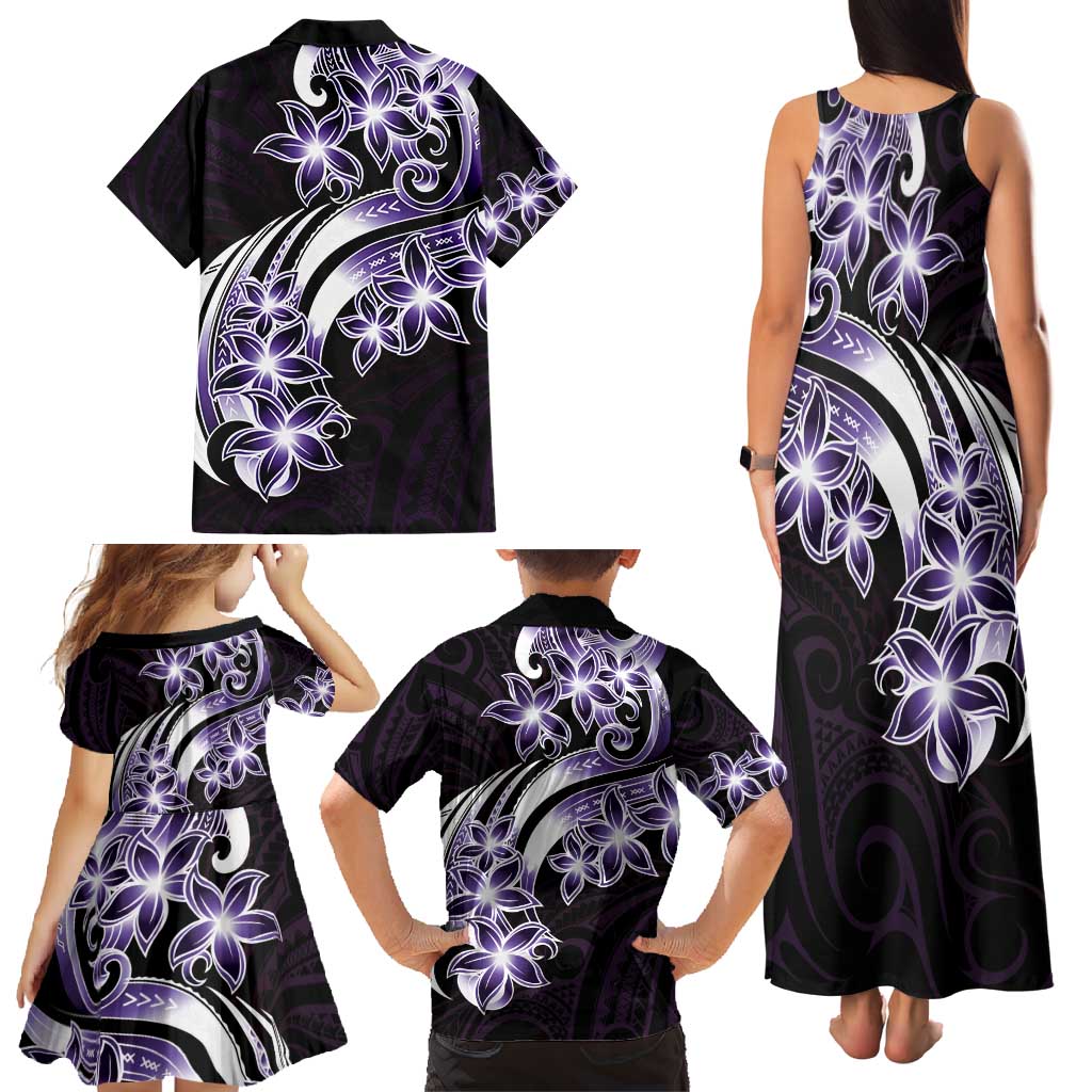 Plumeria Tribal Tattoo Family Matching Tank Maxi Dress and Hawaiian Shirt Purple Polynesian Pattern