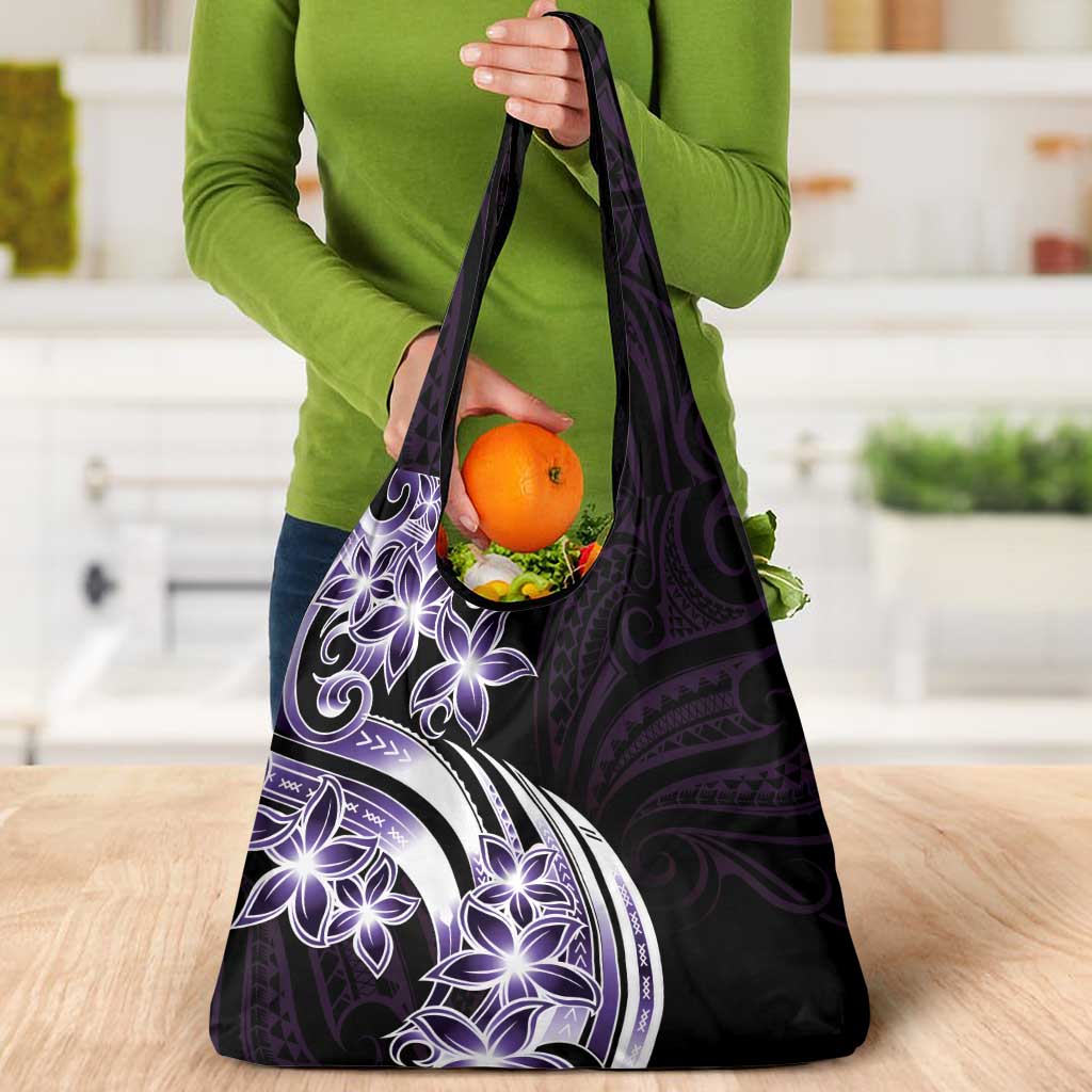 Plumeria Tribal Tattoo Grocery Bag Purple Polynesian Pattern