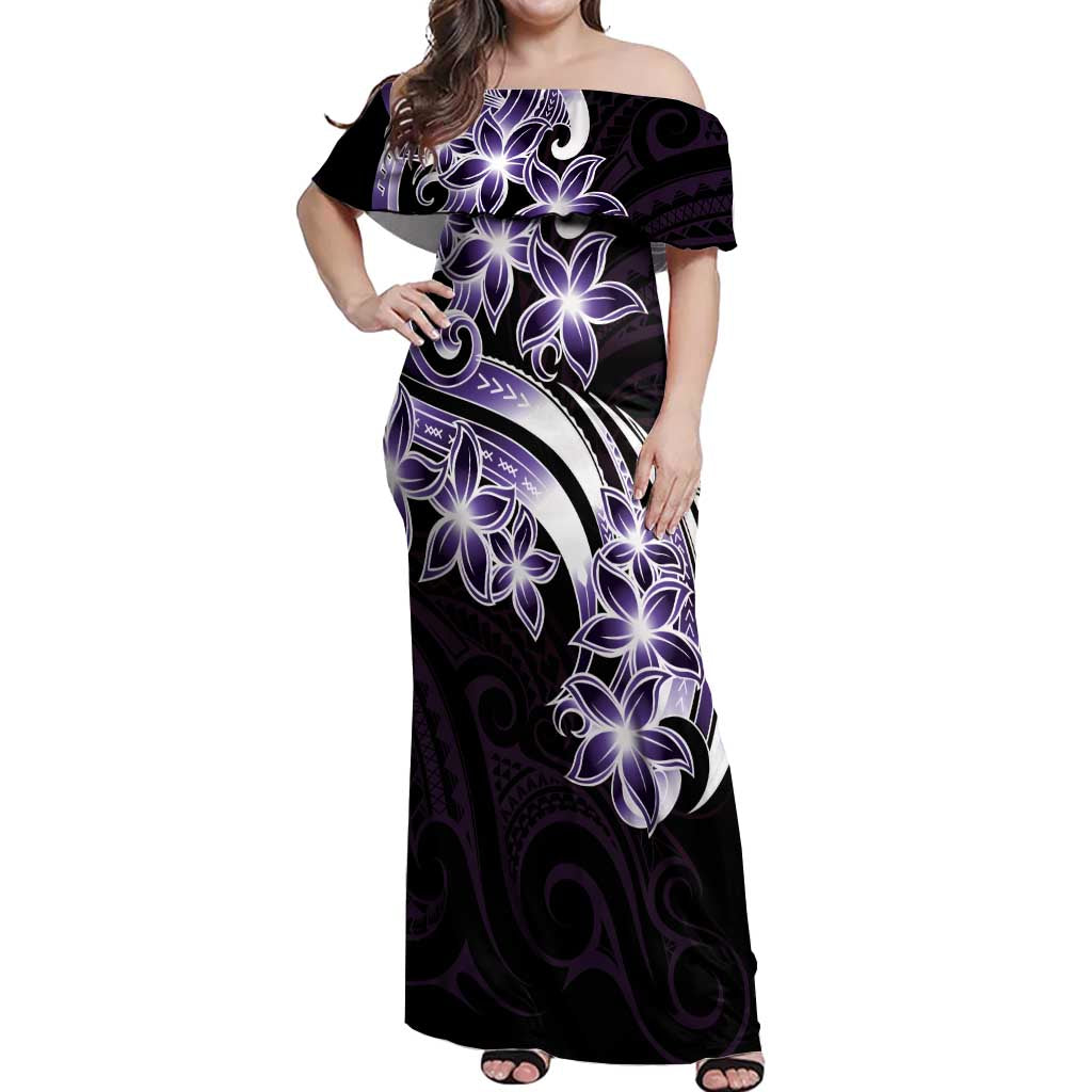 Plumeria Tribal Tattoo Off Shoulder Maxi Dress Purple Polynesian Pattern