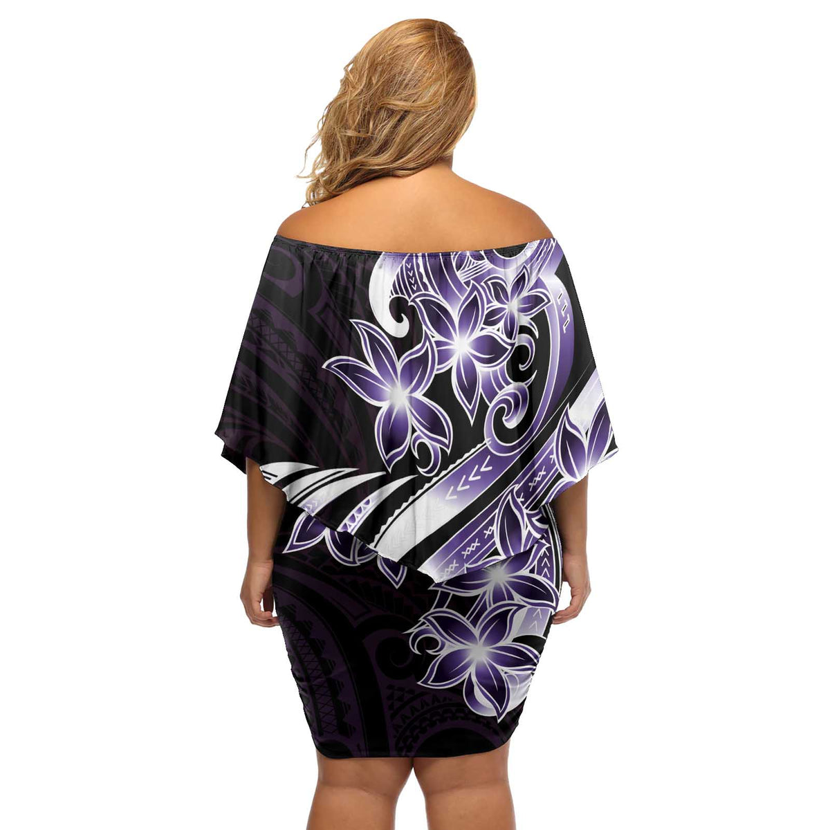 Plumeria Tribal Tattoo Off Shoulder Short Dress Purple Polynesian Pattern
