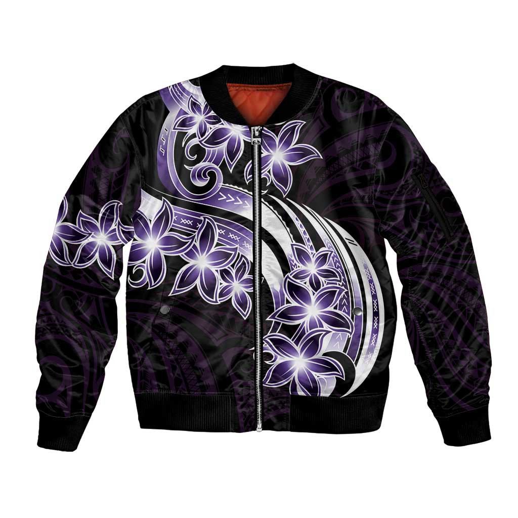 Plumeria Tribal Tattoo Sleeve Zip Bomber Jacket Purple Polynesian Pattern LT9 Unisex Purple - Polynesian Pride
