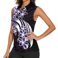 Plumeria Tribal Tattoo Women Sleeveless Polo Shirt Purple Polynesian Pattern