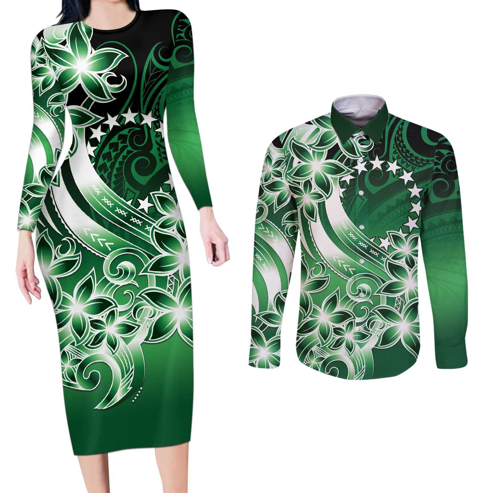 Cook Islands Tattoo Couples Matching Long Sleeve Bodycon Dress and Long Sleeve Button Shirt Plumeria Polynesian Pattern