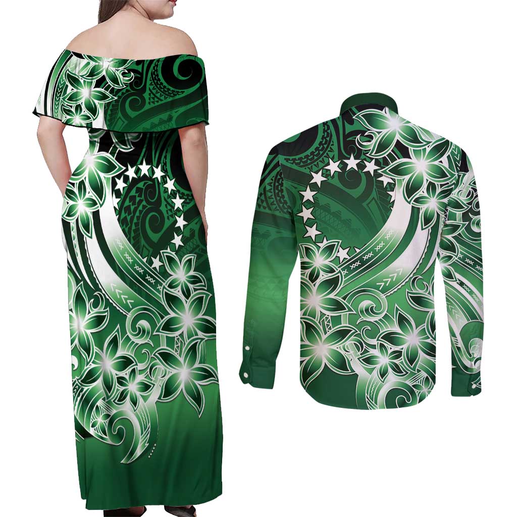 Cook Islands Tattoo Couples Matching Off Shoulder Maxi Dress and Long Sleeve Button Shirt Plumeria Polynesian Pattern