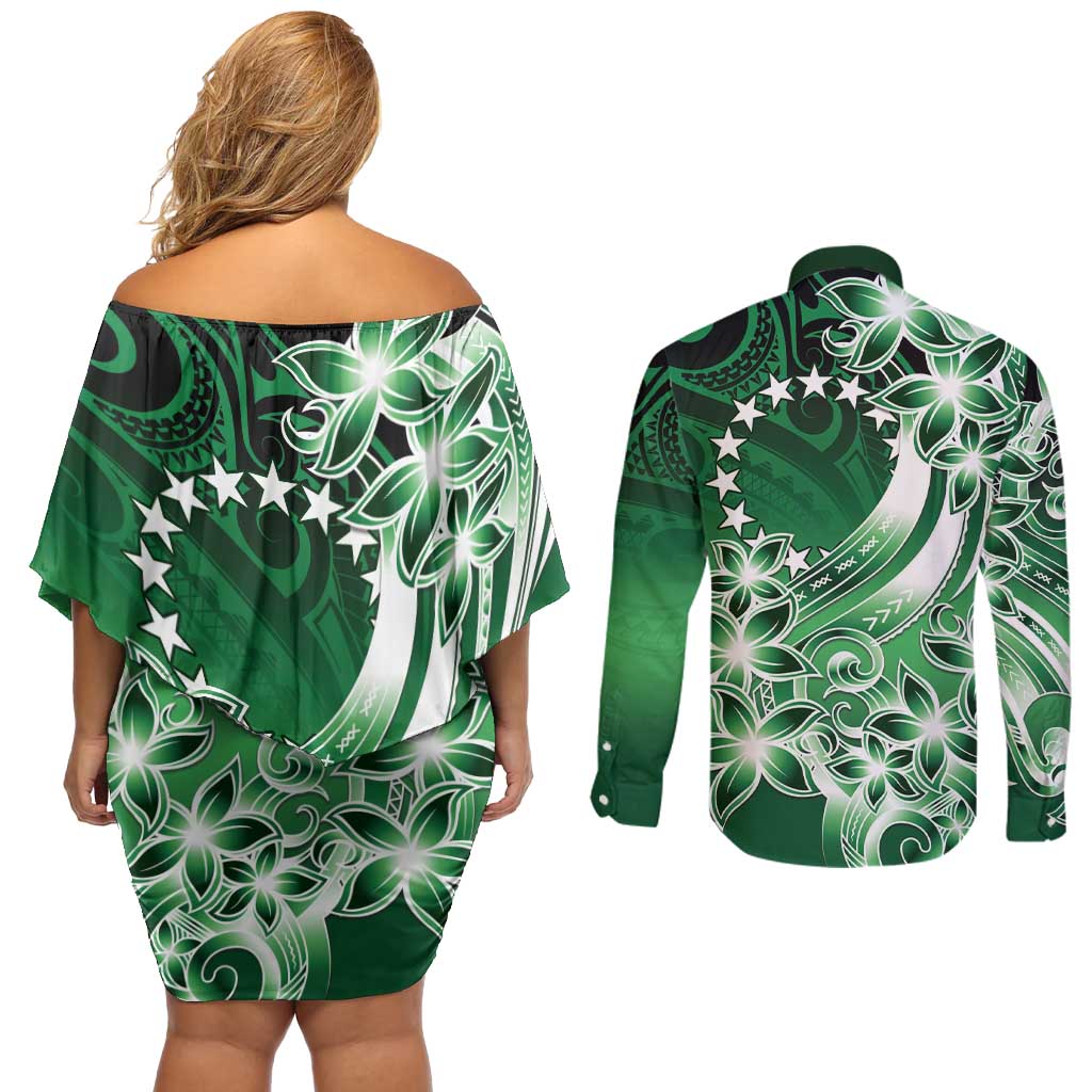 Cook Islands Tattoo Couples Matching Off Shoulder Short Dress and Long Sleeve Button Shirt Plumeria Polynesian Pattern