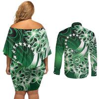 Cook Islands Tattoo Couples Matching Off Shoulder Short Dress and Long Sleeve Button Shirt Plumeria Polynesian Pattern