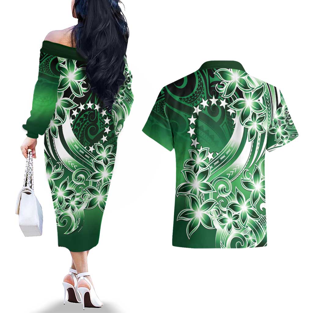 Cook Islands Tattoo Couples Matching Off The Shoulder Long Sleeve Dress and Hawaiian Shirt Plumeria Polynesian Pattern