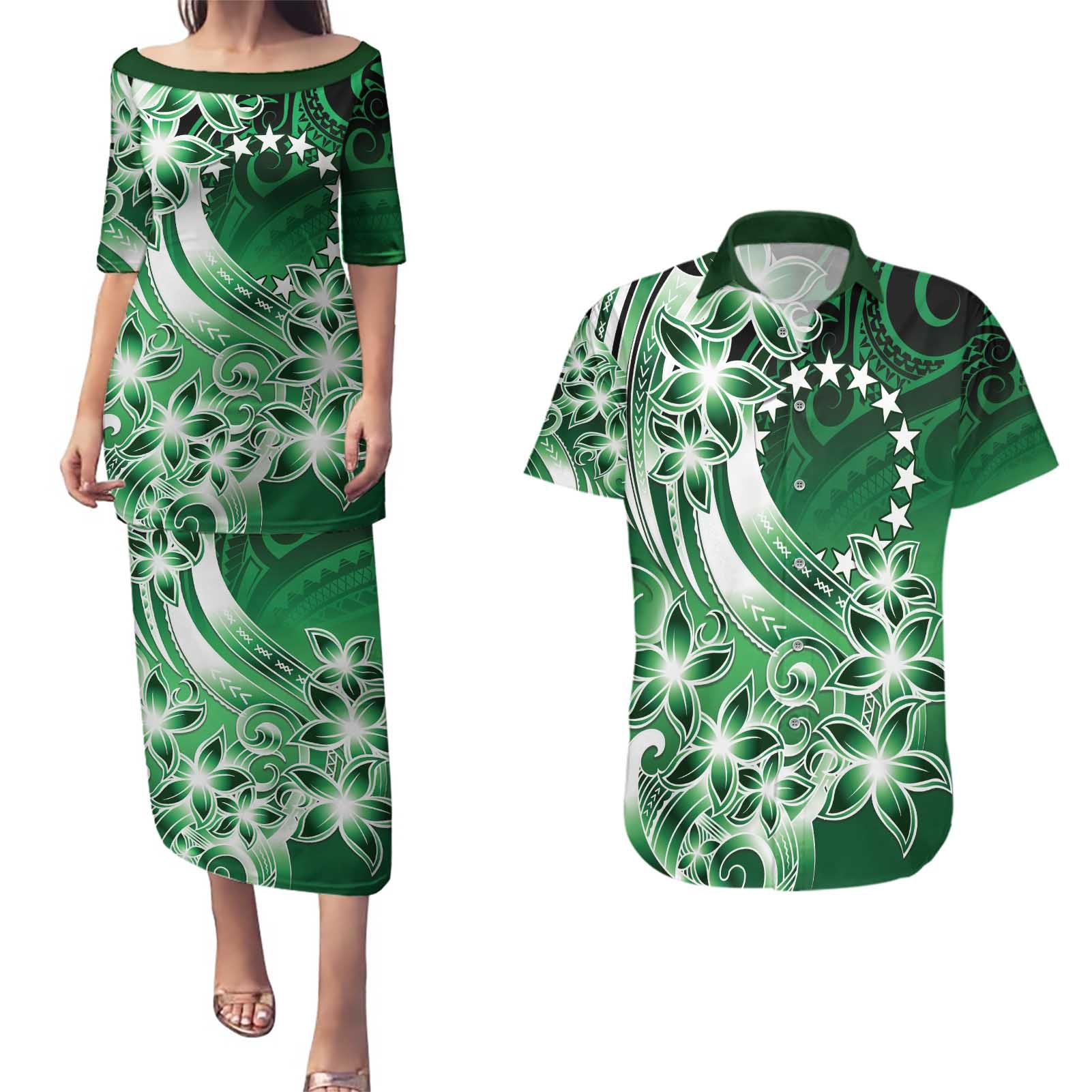 Cook Islands Tattoo Couples Matching Puletasi and Hawaiian Shirt Plumeria Polynesian Pattern