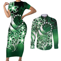 Cook Islands Tattoo Couples Matching Short Sleeve Bodycon Dress and Long Sleeve Button Shirt Plumeria Polynesian Pattern