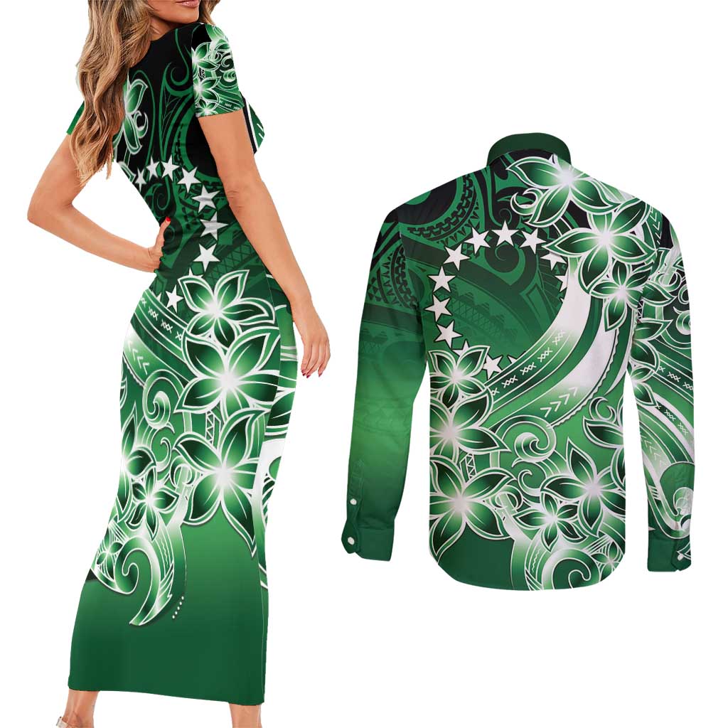 Cook Islands Tattoo Couples Matching Short Sleeve Bodycon Dress and Long Sleeve Button Shirt Plumeria Polynesian Pattern