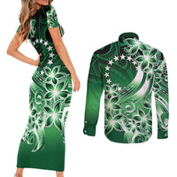Cook Islands Tattoo Couples Matching Short Sleeve Bodycon Dress and Long Sleeve Button Shirt Plumeria Polynesian Pattern