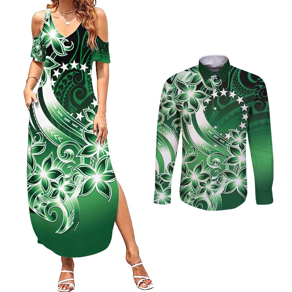 Cook Islands Tattoo Couples Matching Summer Maxi Dress and Long Sleeve Button Shirt Plumeria Polynesian Pattern
