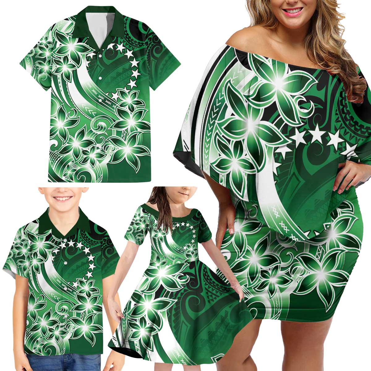 Cook Islands Tattoo Family Matching Off Shoulder Short Dress and Hawaiian Shirt Plumeria Polynesian Pattern