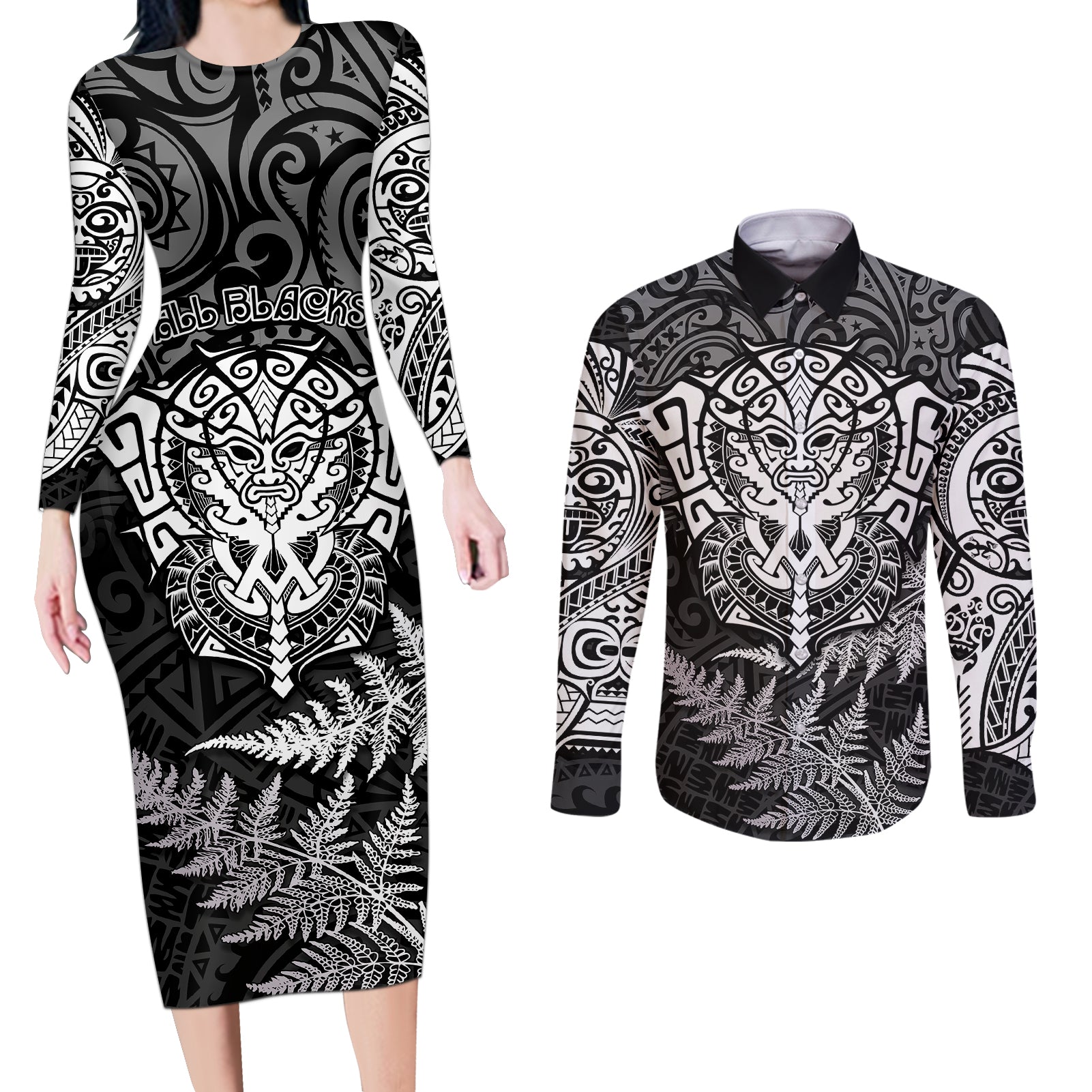 New Zealand Rugby Couples Matching Long Sleeve Bodycon Dress and Long Sleeve Button Shirts Silver Fern All Black Mix Ta Moko White Style LT9 White - Polynesian Pride