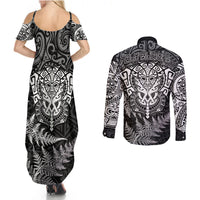 New Zealand Rugby Couples Matching Summer Maxi Dress and Long Sleeve Button Shirts Silver Fern All Black Mix Ta Moko White Style LT9 - Polynesian Pride