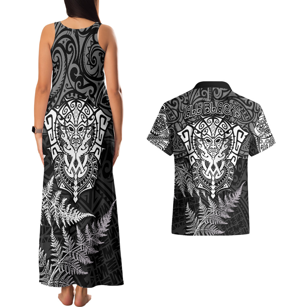 New Zealand Rugby Couples Matching Tank Maxi Dress and Hawaiian Shirt Silver Fern All Black Mix Ta Moko White Style LT9 - Polynesian Pride