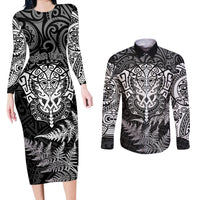 Personalised New Zealand Rugby Couples Matching Long Sleeve Bodycon Dress and Long Sleeve Button Shirts Silver Fern All Black Mix Ta Moko White Style LT9 White - Polynesian Pride
