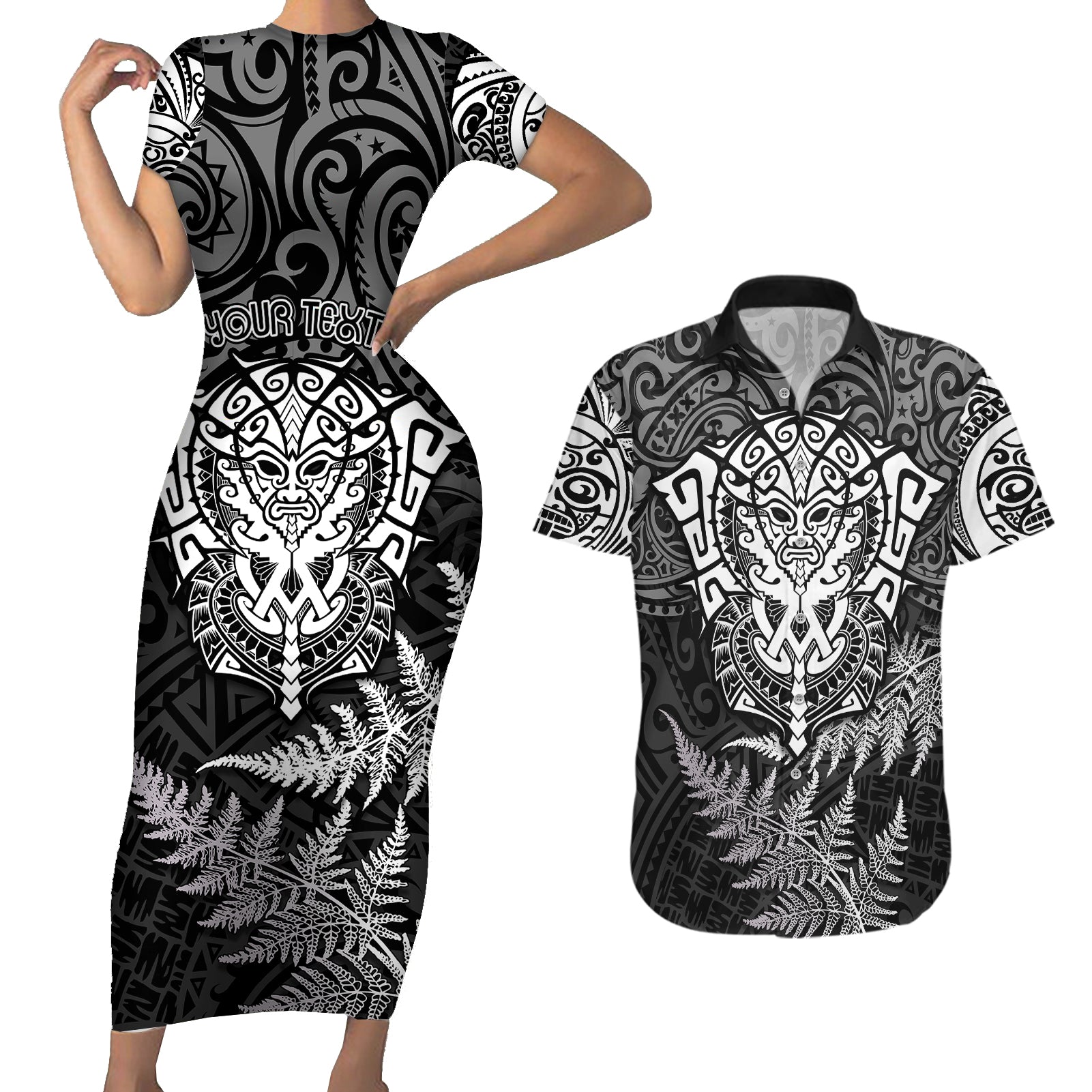 Personalised New Zealand Rugby Couples Matching Short Sleeve Bodycon Dress and Hawaiian Shirt Silver Fern All Black Mix Ta Moko White Style LT9 White - Polynesian Pride