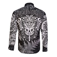 Personalised New Zealand Rugby Long Sleeve Button Shirt Silver Fern All Black Mix Ta Moko White Style LT9 - Polynesian Pride