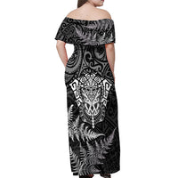 Personalised New Zealand Rugby Off Shoulder Maxi Dress Silver Fern All Black Mix Ta Moko White Style LT9 - Polynesian Pride