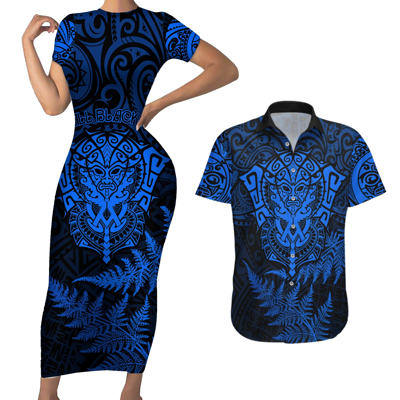 New Zealand Rugby Couples Matching Short Sleeve Bodycon Dress and Hawaiian Shirt Silver Fern All Black Mix Ta Moko Blue Style LT9 Blue - Polynesian Pride