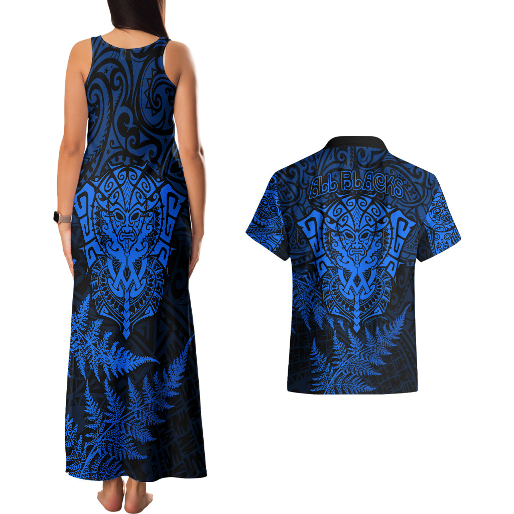 New Zealand Rugby Couples Matching Tank Maxi Dress and Hawaiian Shirt Silver Fern All Black Mix Ta Moko Blue Style LT9 - Polynesian Pride