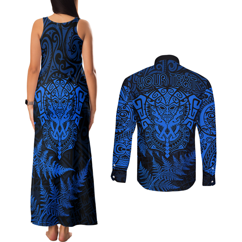 Personalised New Zealand Rugby Couples Matching Tank Maxi Dress and Long Sleeve Button Shirts Silver Fern All Black Mix Ta Moko Blue Style LT9 - Polynesian Pride