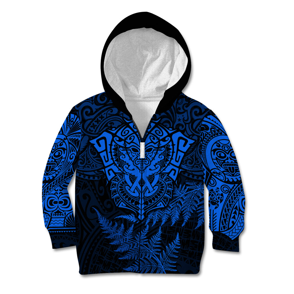 Personalised New Zealand Rugby Kid Hoodie Silver Fern All Black Mix Ta Moko Blue Style LT9 Zip Hoodie Blue - Polynesian Pride