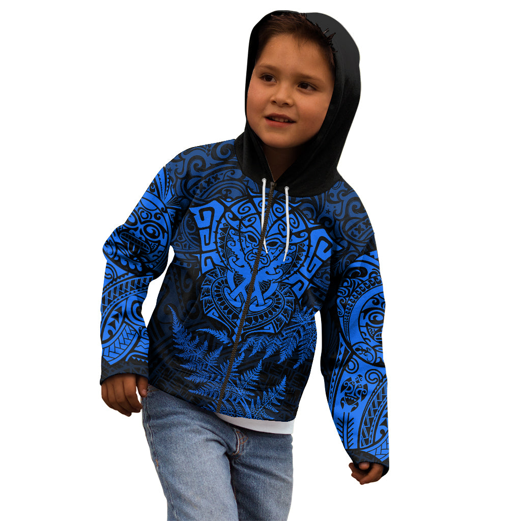 Personalised New Zealand Rugby Kid Hoodie Silver Fern All Black Mix Ta Moko Blue Style LT9 - Polynesian Pride
