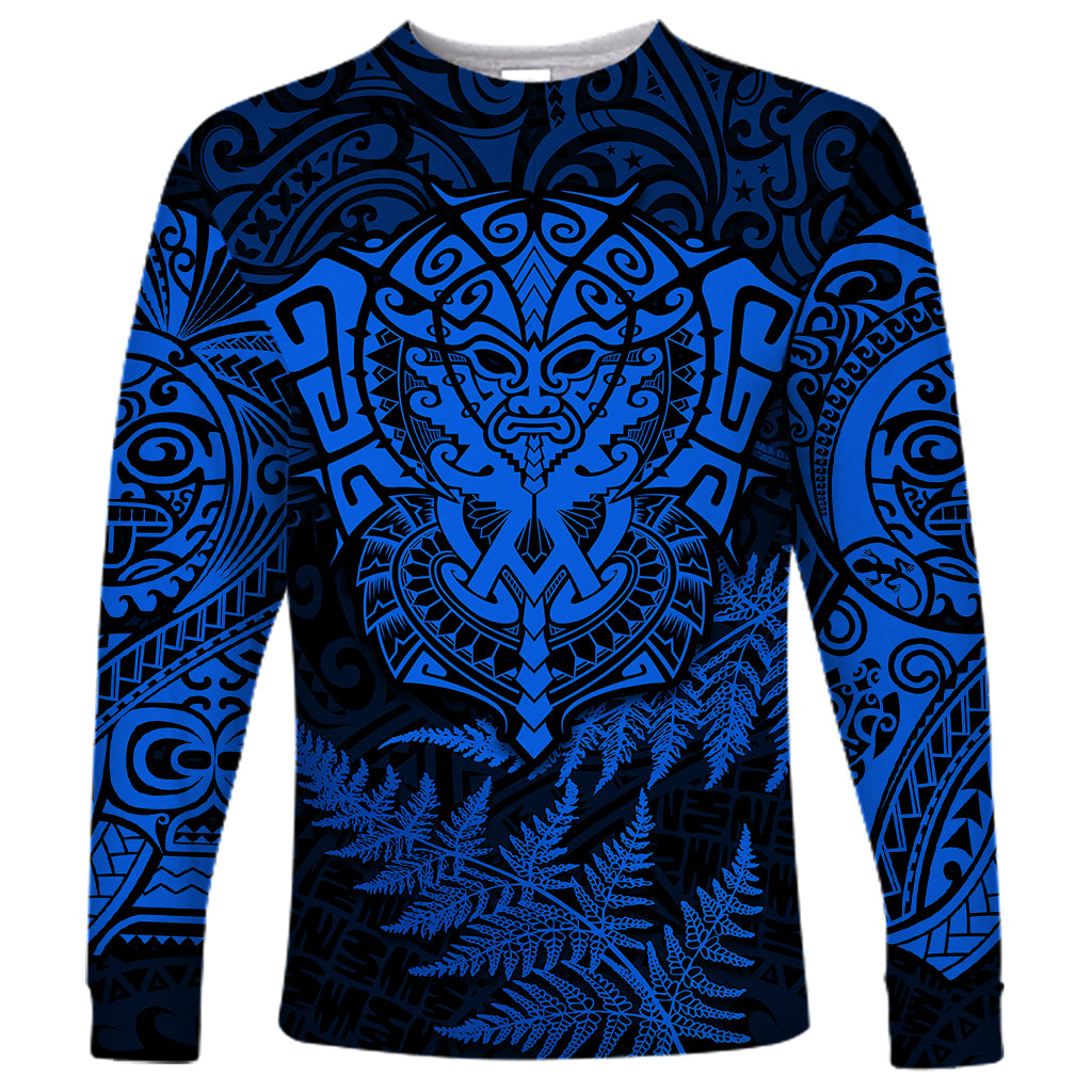 Personalised New Zealand Rugby Long Sleeve Shirt Silver Fern All Black Mix Ta Moko Blue Style LT9 Unisex Blue - Polynesian Pride