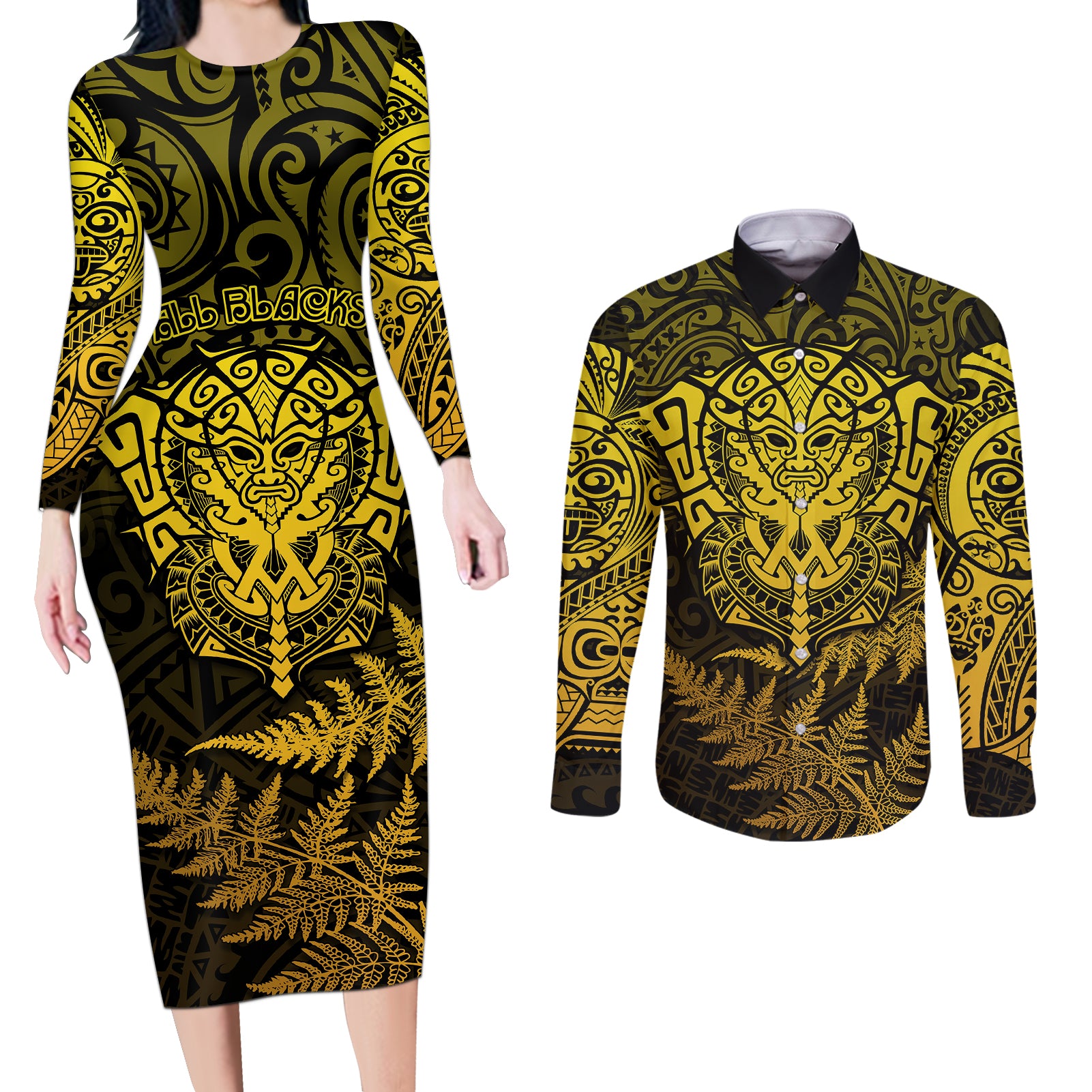 New Zealand Rugby Couples Matching Long Sleeve Bodycon Dress and Long Sleeve Button Shirts Silver Fern All Black Mix Ta Moko Gold Style LT9 Gold - Polynesian Pride