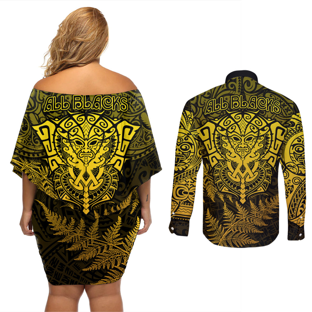 New Zealand Rugby Couples Matching Off Shoulder Short Dress and Long Sleeve Button Shirts Silver Fern All Black Mix Ta Moko Gold Style LT9 - Polynesian Pride