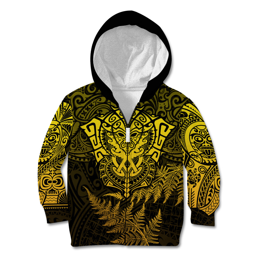 New Zealand Rugby Kid Hoodie Silver Fern All Black Mix Ta Moko Gold Style LT9 Zip Hoodie Gold - Polynesian Pride