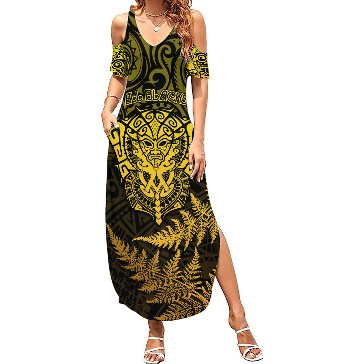 New Zealand Rugby Summer Maxi Dress Silver Fern All Black Mix Ta Moko Gold Style LT9 Women Gold - Polynesian Pride