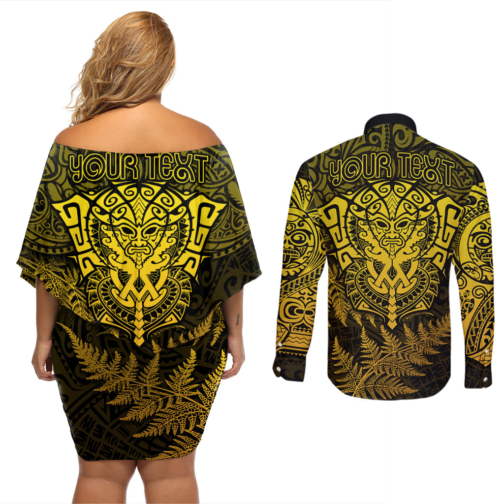 New Zealand Rugby Couples Matching Off Shoulder Short Dress and Long Sleeve Button Shirts Silver Fern All Black Mix Ta Moko Gold Style LT9 - Polynesian Pride
