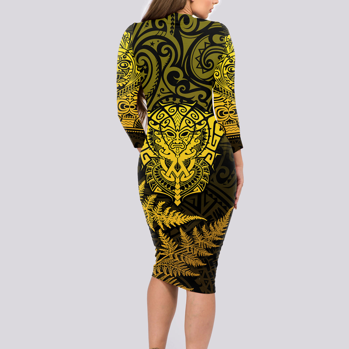 New Zealand Rugby Long Sleeve Bodycon Dress Silver Fern All Black Mix Ta Moko Gold Style LT9 - Polynesian Pride