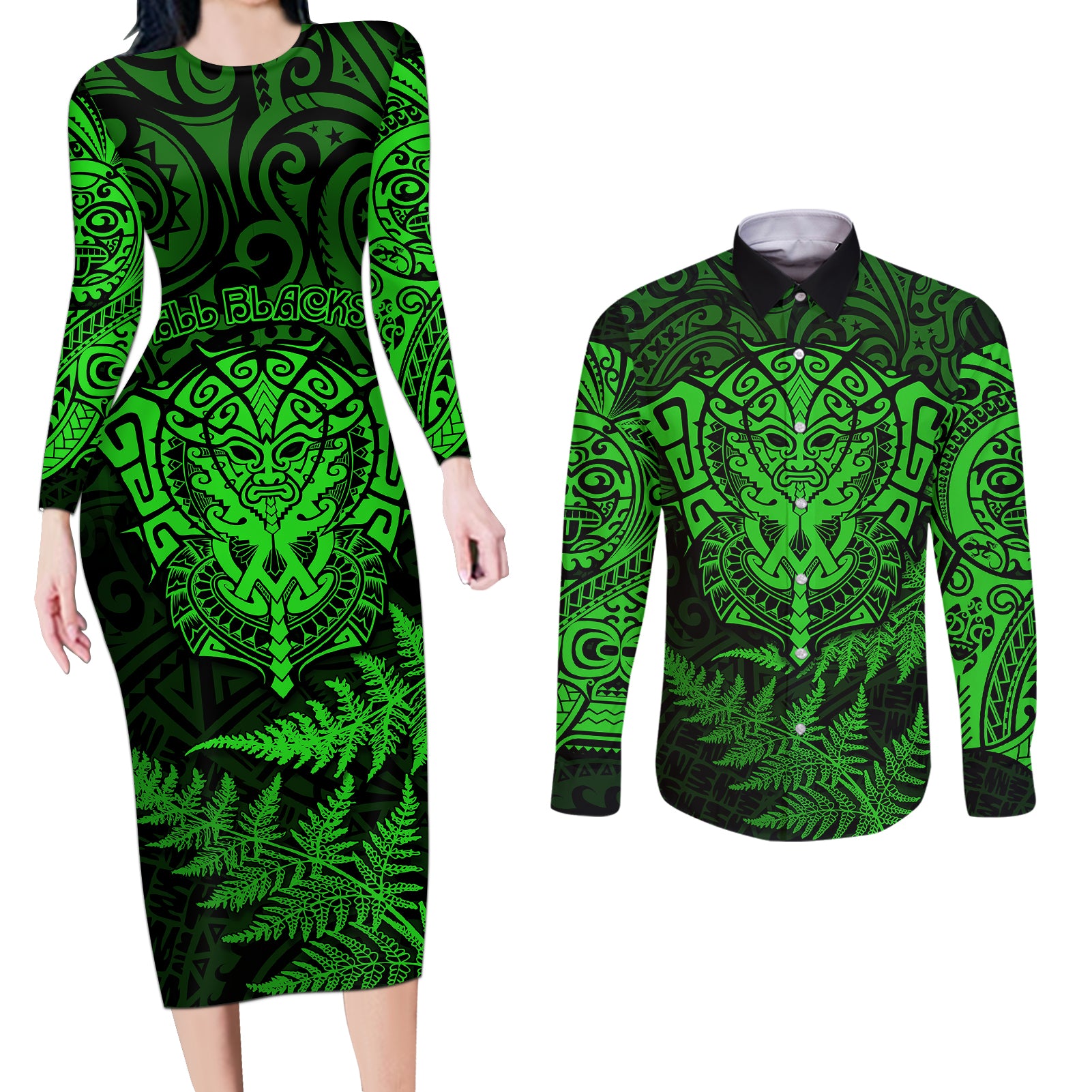 New Zealand Rugby Couples Matching Long Sleeve Bodycon Dress and Long Sleeve Button Shirts Silver Fern All Black Mix Ta Moko Green Style LT9 Green - Polynesian Pride