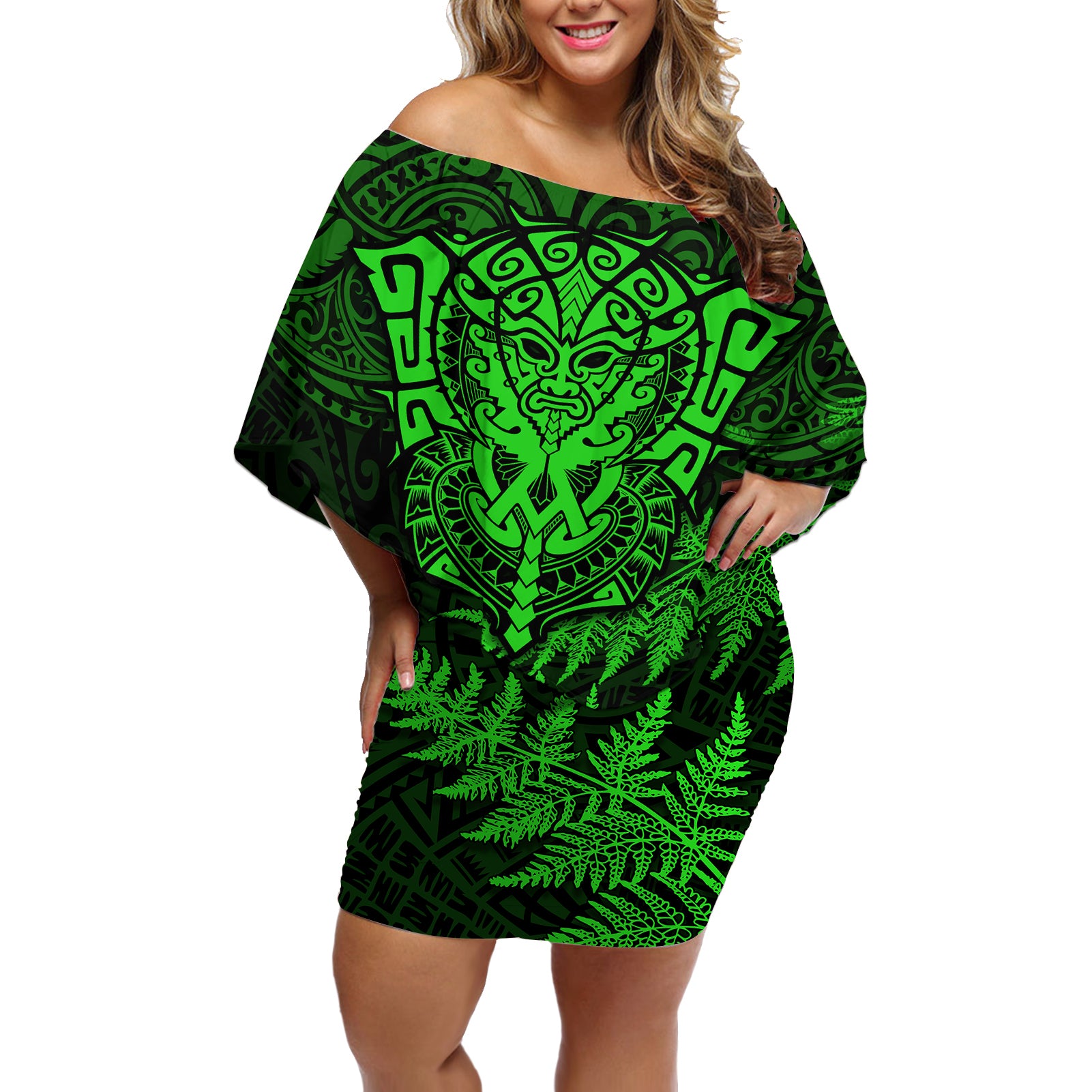 New Zealand Rugby Off Shoulder Short Dress Silver Fern All Black Mix Ta Moko Green Style LT9 Women Green - Polynesian Pride