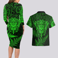 New Zealand Rugby Couples Matching Long Sleeve Bodycon Dress and Hawaiian Shirt Silver Fern All Black Mix Ta Moko Green Style LT9 - Polynesian Pride