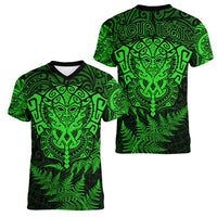 New Zealand Rugby Women V Neck T Shirt Silver Fern All Black Mix Ta Moko Green Style LT9 - Polynesian Pride
