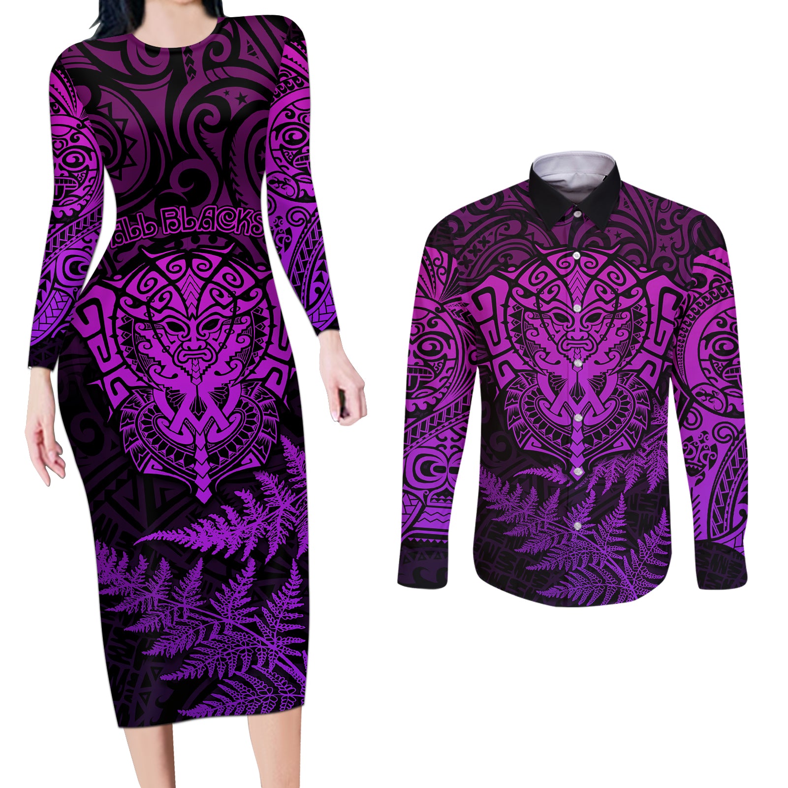 New Zealand Rugby Couples Matching Long Sleeve Bodycon Dress and Long Sleeve Button Shirts Silver Fern All Black Mix Ta Moko Purple Style LT9 Purple - Polynesian Pride