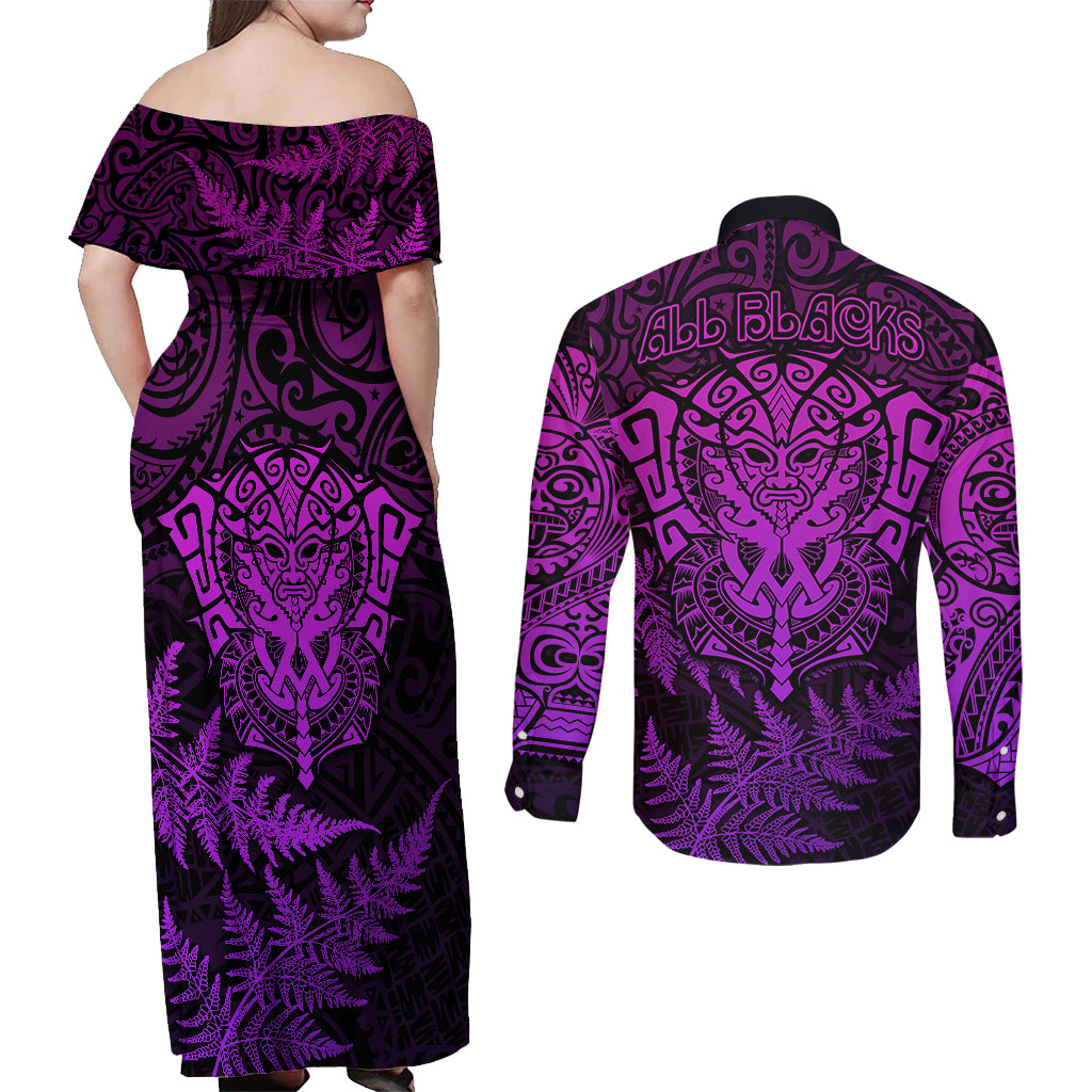 New Zealand Rugby Couples Matching Off Shoulder Maxi Dress and Long Sleeve Button Shirts Silver Fern All Black Mix Ta Moko Purple Style LT9 - Polynesian Pride
