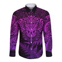 New Zealand Rugby Long Sleeve Button Shirt Silver Fern All Black Mix Ta Moko Purple Style LT9 Unisex Purple - Polynesian Pride