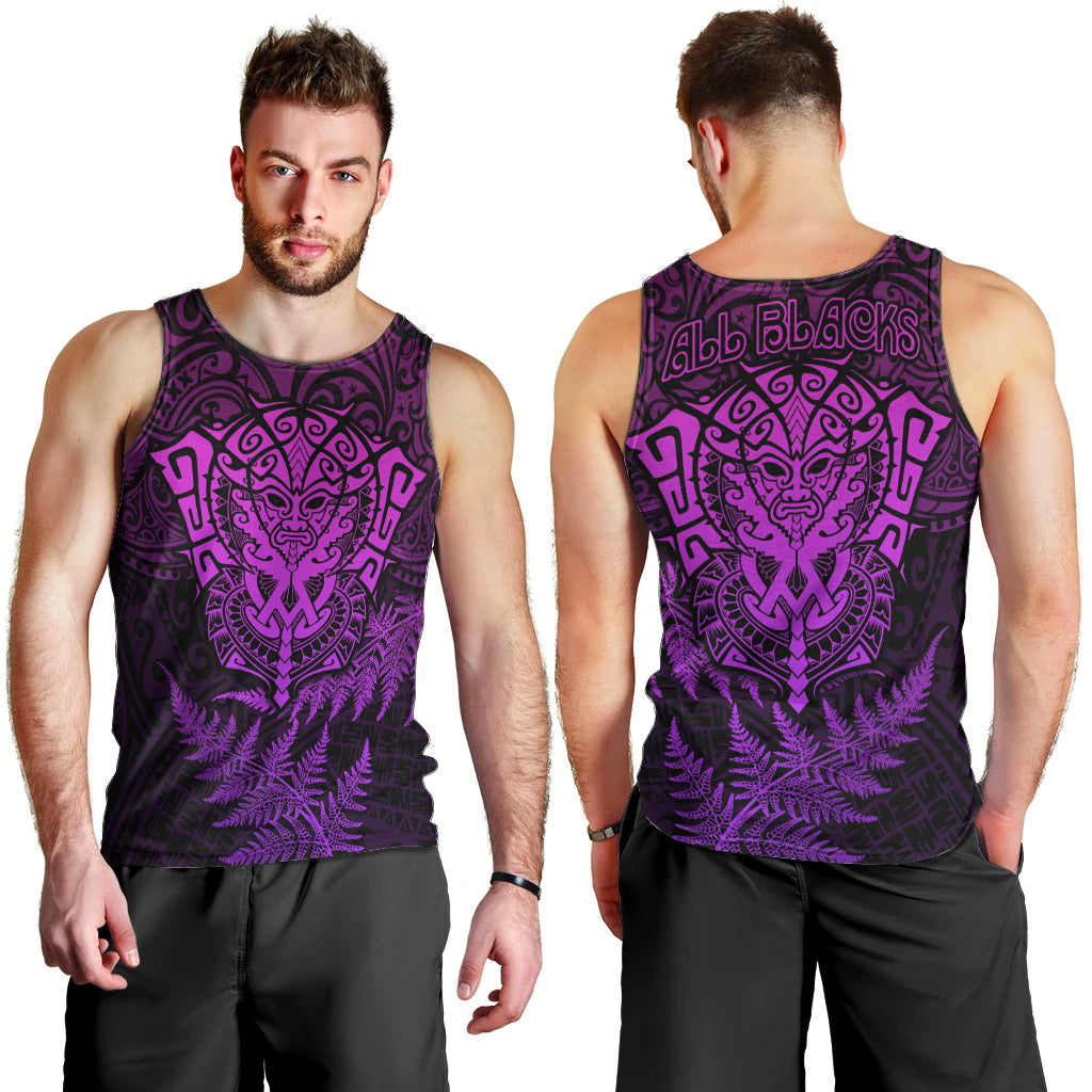 New Zealand Rugby Men Tank Top Silver Fern All Black Mix Ta Moko Purple Style LT9 - Polynesian Pride