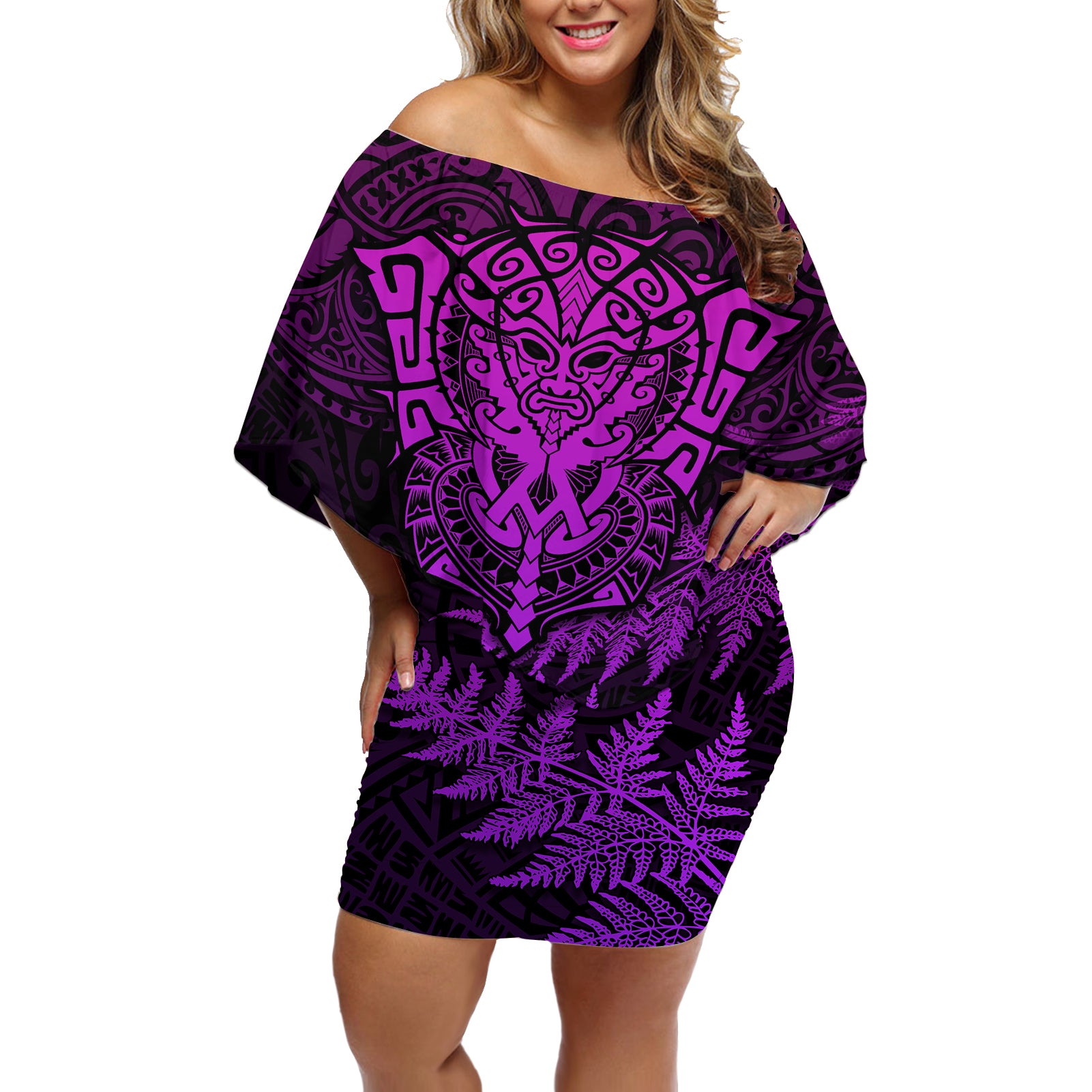 New Zealand Rugby Off Shoulder Short Dress Silver Fern All Black Mix Ta Moko Purple Style LT9 Women Purple - Polynesian Pride