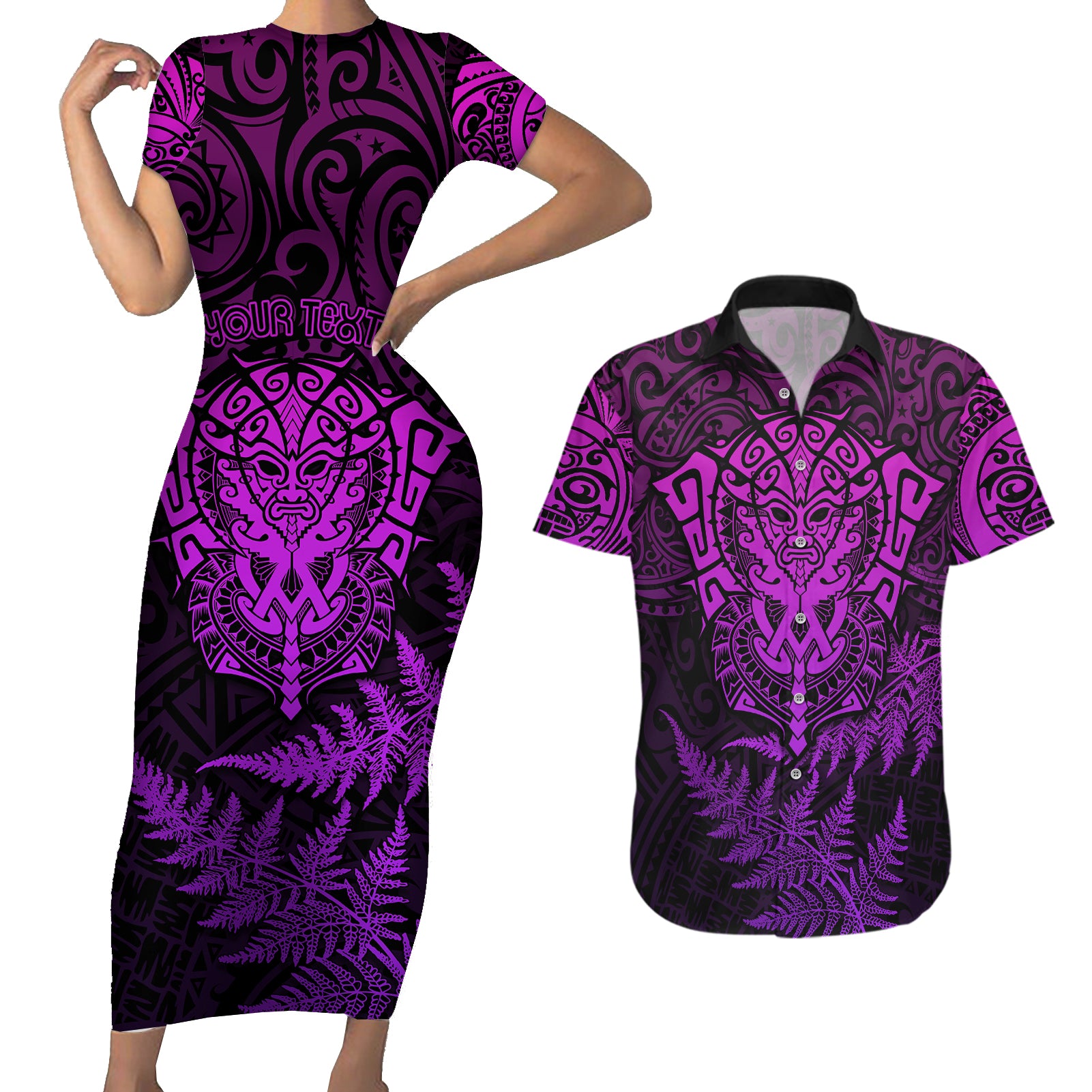 Personalised New Zealand Rugby Couples Matching Short Sleeve Bodycon Dress and Hawaiian Shirt Silver Fern All Black Mix Ta Moko Purple Style LT9 Purple - Polynesian Pride