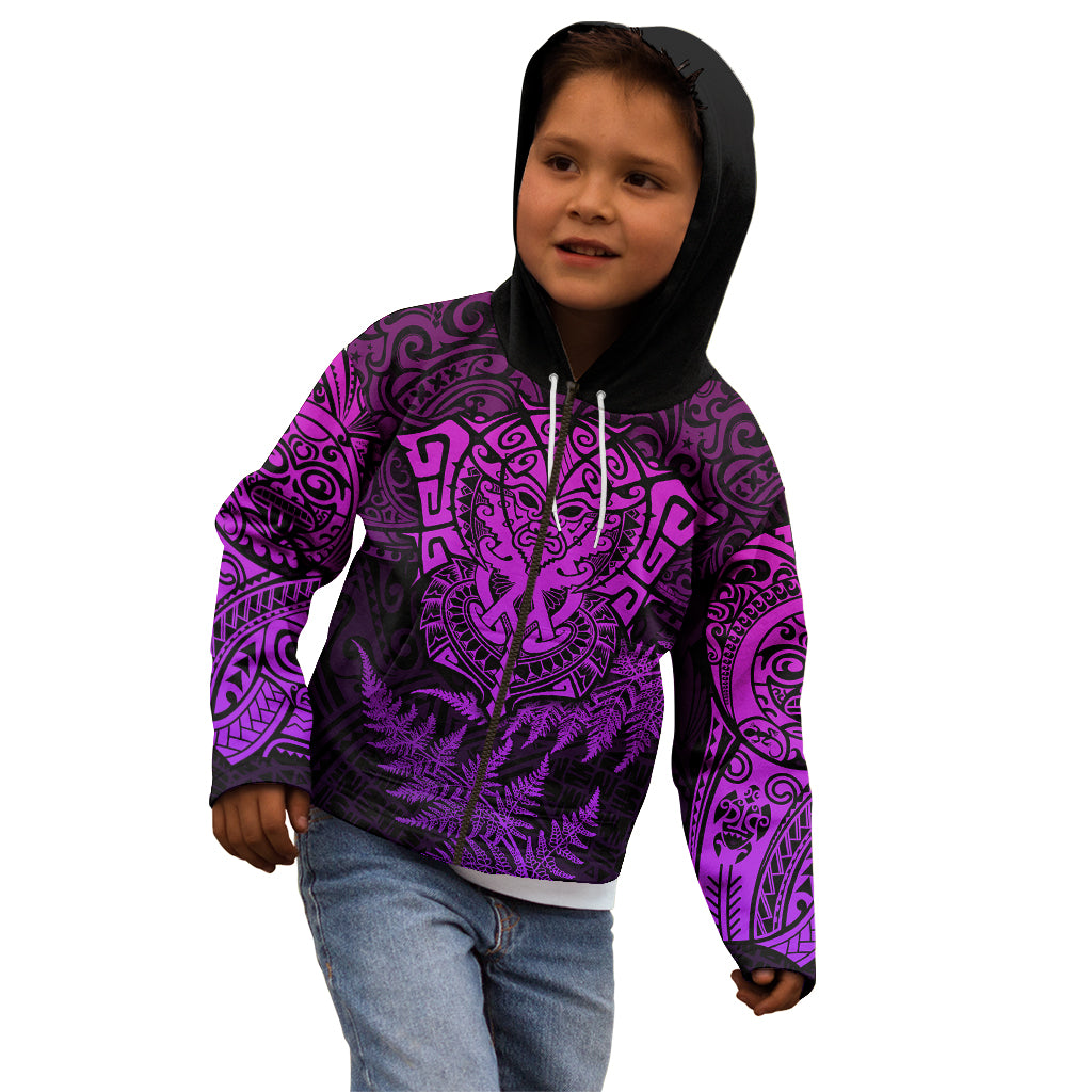 Personalised New Zealand Rugby Kid Hoodie Silver Fern All Black Mix Ta Moko Purple Style LT9 - Polynesian Pride