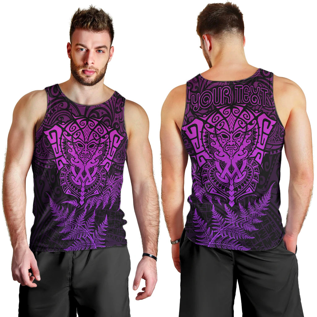 Personalised New Zealand Rugby Men Tank Top Silver Fern All Black Mix Ta Moko Purple Style LT9 - Polynesian Pride