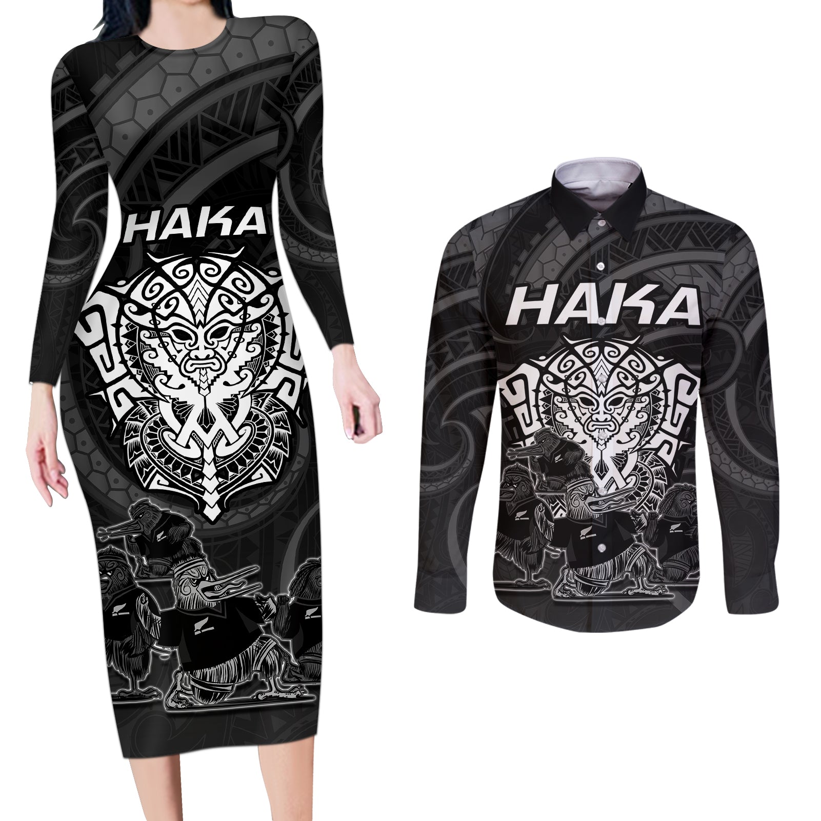 Personalised New Zealand Rugby Couples Matching Long Sleeve Bodycon Dress and Long Sleeve Button Shirts Aotearoa Ka Mate Haka All Black Mix Ta Moko White Style LT9 White - Polynesian Pride