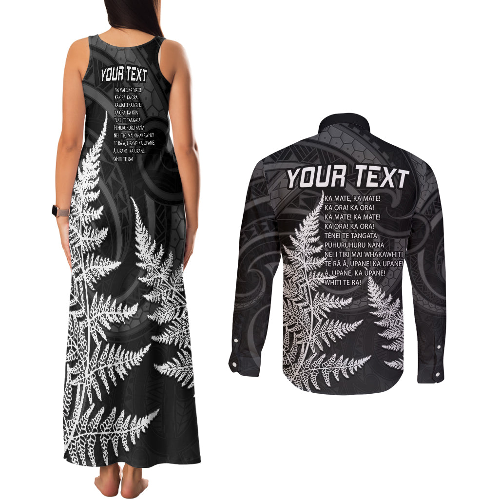 Personalised New Zealand Rugby Couples Matching Tank Maxi Dress and Long Sleeve Button Shirts Aotearoa Ka Mate Haka All Black Mix Ta Moko White Style LT9 - Polynesian Pride